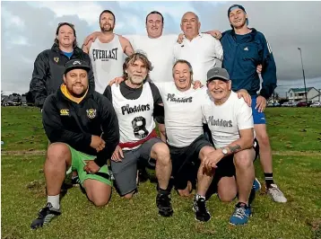  ?? ANDY JACKSON/ STUFF ?? The Plodders touch rugby team started in 1985 and they are still going strong today. Back row, from left, are Jacinta Harrison, Nick Watson, Simon Tippett, Roger Hawkins, 71, and Adam Radich. Front from left are Mike Taunoa, David Greensill, John Ancell, 63, and John Lightfoot, 72.