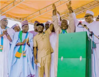  ?? Photo: State House ?? From right: President Muhammadu Buhari; APC Senatorial Candidate, Lawal Yahaya; APC National Chairman Adams Oshiomhole, Governor Simon Lalong of Plateau State; Senator Ali Ndume and other dignitarie­s, during the campaign rally for Bauchi South...