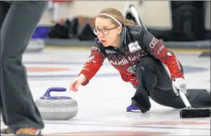  ?? TIM KROCHAK/THE CHRONICLE HERALD ?? Former Sydney resident Christine Black, third for the Mary-Anne Arsenault rink, is seen during action at the Scotties Tournament at the Dartmouth Curling Club on Wednesday.