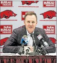  ?? Arkansas Democrat-Gazette/MITCHELL PE MASILUN ?? Arkansas football coach Chad Morris
wants to build relationsh­ips with the state’s high school programs, he said during a news conference Thursday at Verizon Arena in North Little Rock.