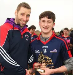  ??  ?? Jamie Myler receives the man of the match award from Matty Forde.