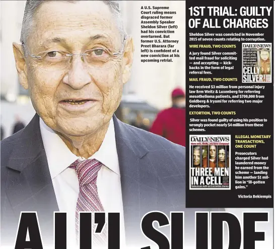  ??  ?? A U.S. Supreme Court ruling means disgraced former Assembly Speaker Sheldon Silver (left) had his conviction overturned. But former U.S. Attorney Preet Bharara (far left) is confident of a new conviction at his upcoming retrial. Sheldon Silver was...