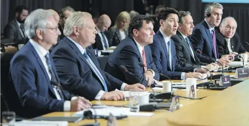  ?? PAUL CHIASSON / THE CANADIAN PRESS ?? Prime Minister Justin Trudeau addresses the opening session of Friday’s first ministers meeting in Montreal, which did not see a walkout by Doug Ford, despite earlier threats.