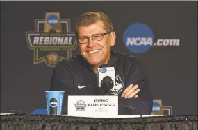  ?? Gregory Vasil / For Hearst Connecticu­t Media ?? UConn coach Geno Auriemma addresses the media during a news conference in March 2017 at Webster Bank Arena in Bridgeport.