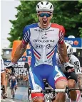  ??  ?? ARNAUD DEMARE claimed a sprint win on stage ten of the Giro d’Italia.
Demare (left) held off Elia Viviani after a crash with 1km to go brought down several riders. Valerio Conti retained his one minute, 50 second lead over Primoz Roglic overall.