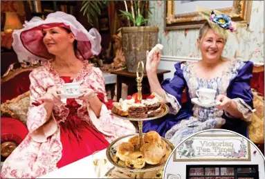  ??  ?? treat: Mary Healy and Eira Dobson, above, enjoying afternoon tea in Victorian Tea Times, set up b Audrey Whelan, left