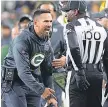  ?? MARK HOFFMAN/ MILWAUKEE JOURNAL SENTINEL ?? Packers coach Matt LaFleur argues a ruling that the Lions scored a TD in the first quarter.