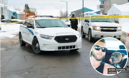  ?? PHOTOS AGENCE QMI, MARC VALLIÈRES ET FACEBOOK ?? Jordan Tremblay, victime Jordan Tremblay (en médaillon) a été retrouvé alors qu’il gisait au sol dans l’abri d’auto situé à droite du VUS de la police de Québec, au 35 rue du Sénégal, dans l’arrondisse­ment de Beauport.