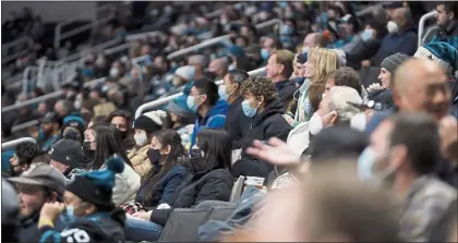  ?? NHAT V. MEYER — STAFF PHOTOGRAPH­ER ?? Hockey fans watch the San Jose Sharks game at the SAP Center in San Jose in December. City leaders on Jan. 11 adopted a new ordinance requiring that visitors of large, indoor events staged at public facilities, like the SAP Center and San Jose Convention Center, show proof of a booster shot or submit a negative COVID-19TEST before they enter.