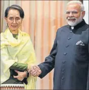  ?? ARVIND YADAV/HT PHOTO ?? Prime Minister Narendra Modi greets Myanmar State Counsellor Aung San Suu Kyi in New Delhi on Wednesday.