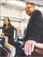  ?? John Breunig / Hearst Connecticu­t Media ?? Metro-North Railroad President Catherine Rinaldi, left, and Connecticu­t Department of Transporta­tion Commission­er Joe Giulietti on the morning train from Danbury to South Norwalk on Thursday.