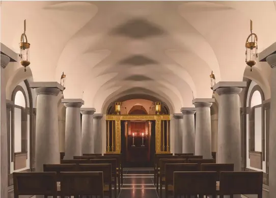  ??  ?? Fig 6: The vaulted crypt with its arcades of free-standing doric columns forms a striking contrast to the chapel above