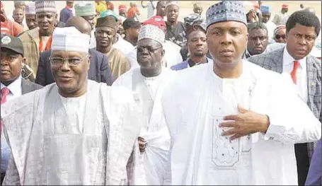  ??  ?? Presidenti­al candidate of Peoples Democratic Party (PDP), Alhaji Atiku Abubakar (left), and President of Senate and Director General of the PDP Presidenti­al Campaign Council, Dr. Abubakar Bukola Saraki, on arrival for the party’s rally in Minna, Niger State...yesterday