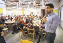  ?? Peter DaSilva / Special to The Chronicle ?? Salman Khan, founder of Khan Academy, a nonprofit educationa­l organizati­on created in 2006, addresses staff at an Onsite meeting at company headquarte­rs in S.F.