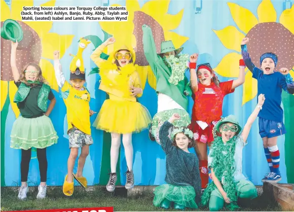  ?? Picture: Alison Wynd ?? Sporting house colours are Torquay College students (back, from left) Ashlyn, Banjo, Ruby, Abby, Taylah and Mahli, (seated) Isabel and Lenni.