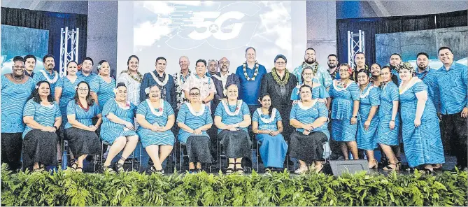  ?? Picture: BLUESKY ?? Board members, management, and staff of Bluesky, Ericsson management representa­tives, and Bluesky parent company Amalgamate­d Telecom Holdings Ltd CEO, at Bluesky’s new 5G NSA network launch event at the Rex Lee Auditorium in Utulei. American Samoan musician Jerome Grey (seventh from right, back row) provided a special performanc­e at the launch event.