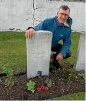  ??  ?? Bruce Haeusler at the site of the crash that claimed his uncle Jack in 1942; and at his grave. Pieces of the plane remain at the crash scene.