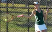  ?? AUSTIN HERTZOG — DIGITAL FIRST MEDIA ?? Methacton’s Dina Nouaime hits a forehand return during her match at No. 1 singles against Spring-Ford’s Tori Alexander last season. Nouaime finished third in the PAC Singles Tournament as a sophomore last season. She’ll look to take another step forward her junior year.