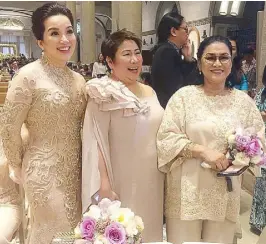  ??  ?? Principal Sponsors Kris Aquino, Lilybeth Rasonable and Lolit Solis. Below: Kris missed the reception and went home where she submerged herself in the pool still in her Michael Leyva gown.