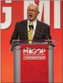  ?? DANIEL SHULAR — MLIVE.COM ?? Pete Hoekstra speaks to open the Michigan Republican Convention at Devos Place in Grand Rapids, Mich., in 2022.