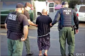  ?? AP/U.S. Bureau of Immigratio­n and Customs Enforcemen­t ?? Federal police detain a person during an immigratio­n sweep Tuesday in Ontario, Calif. Despite requests by U.S. immigratio­n authoritie­s, many local agencies no longer are willing to hold jailed foreigners beyond their scheduled release dates.