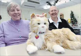  ?? STEVE HENSCHEL
NIAGARA THIS WEEK ?? Maryann Simko pets her companion Ginger, one of several robotic cats bringing joy to residents at Welland hospital’s extended care unit, as her husband Edward looks on.