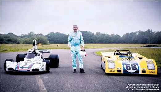  ??  ?? Gordon was on cloud nine after driving his continuati­on Brabham BT44 F1 car and Duckhams Ford