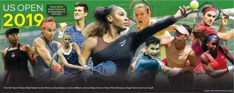  ?? Graphic: Nolo Moima Pictures: Getty ?? From left, Naomi Osaka, Rafael Nadal, Karolina Pliskova, Novak Djokovic, Serena Williams, Simona Halep, Dominic Thiem, Maria Sharapova, Roger Federer and Coco Gauff.