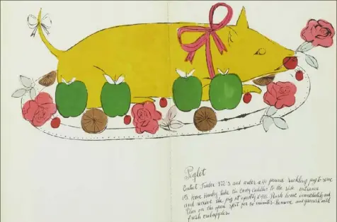  ?? Cookbook photos courtesy of Bonhams ?? Andy Warhol did the illustrati­ons and Suzie Frankfurt wrote the text for the 1959 parody cookbook "Wild Raspberrie­s," pictured above and below. An original copy will go up for auction Monday at Bonhams auction house in New York City.