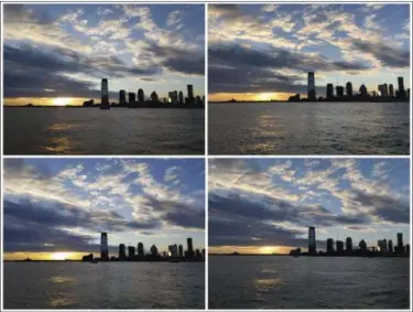  ?? NICK JESDANUN — THE ASSOCIATED PRESS ?? This combo shows photos of a sunset along the Hudson River, taken in New York with a view of New Jersey, on Tuesday. Starting at the top left and going clockwise, the phones used are Samsung’s Galaxy S9, Apple’s iPhone X, Google’s Pixel 2 XL and...