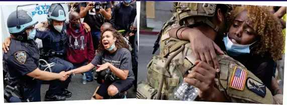  ??  ?? Support: NYPD officers are persuaded to kneel for protesters
Embrace: A demonstrat­or is hugged by a soldier in Los Angeles