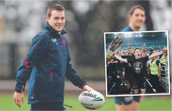  ??  ?? LESSONS LEARNED: Roosters halfback Luke Keary during team training and ( inset) winning the 2014 premiershi­p with South Sydney.
