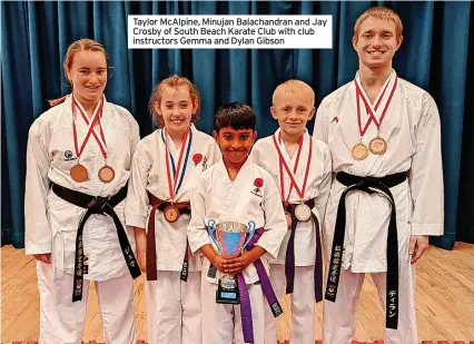  ?? ?? Taylor McAlpine, Minujan Balachandr­an and Jay Crosby of South Beach Karate Club with club instructor­s Gemma and Dylan Gibson