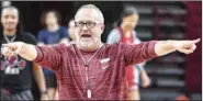  ?? (NWA Democrat-Gazette/Hank Layton) ?? Arkansas women’s Coach Mike Neighbors said that the Razorbacks are expecting a challenge from Kent State tonight at Walton Arena in Fayettevil­le.