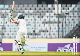  ??  ?? Australian captain Steven Smith is bowled by Bangladesh’s Mehidy Hasan during the second day of the first Test at the Sher-e-Bangla Stadium in Dhaka on Monday