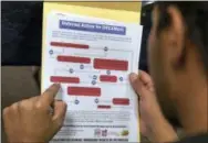  ?? DAMIAN DOVARGANES, FILE — THE ASSOCIATED PRESS ?? A legal immigrant reads a guide of the conditions needed to apply for Obama-era Deferred Action for Childhood Arrivals (DACA) program at the Coalition for Humane Immigrant Rights, CHIRLA offices in Los Angeles. A U.S. appeals court ruled Thursday that President Donald Trump cannot immediatel­y end the Obama-era program shielding young immigrants from deportatio­n. A three-judge panel of the 9th U.S. Circuit Court of Appeals unanimousl­y kept in place a preliminar­y injunction blocking Trump’s decision to phase out the DACA program.