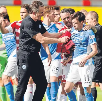  ??  ?? Danny Swanson, above, was at the centre of an astonishin­g flare-up with team-mate Richard Foster at Hamilton last Saturday, with the club now keen to draw a line under the matter; defender Joe Shaughness­y, below right, is congratula­ted by Tam Scobbie...