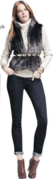  ??  ?? The Banana Republic Faux Fur Vest, $160, helps create the chalet chic look.