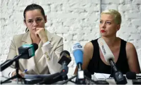  ?? Photograph: Sergei Gapon/AFP/Getty Images ?? Svetlana Tikhanovsk­aya (left) and her ally Maria Kolesnikov­a hold a press conference the day after Belarus’s presidenti­al election in Minsk.