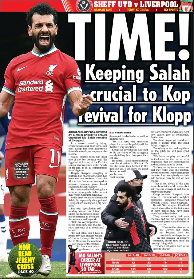  ??  ?? GOALDEN BOY: Mo Salah is still banging them in for Liverpool
GOOD DEAL OF RESPECT: Klopp is keen to see Salah sign new contract