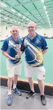  ?? ?? Mark Essex and Kevin Scrace overcoming clubmates Colin Jones and Jeff Beal to win the pairs event at the County Finals at Desborough Bowls Club's Green Lane.