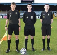  ??  ?? Match officials for Saturday’s Drogheda United v Finn Harps U-17 National League game, referee Cillian Gormley (centre) with assistants Conor Harkin (left) and Robert Murphy.