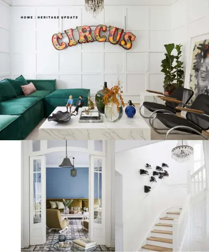  ??  ?? Clockwise from top left: The TV room includes an illuminate­d vintage ‘Circus’ sign and a sectional couch upholstere­d in green velvet; The en suite bathroom in the ‘pool room’ is encased in framed metal glass panels with a vintage hat stand that has been turned into a towel holder; The stairs feature Collins’ collection of vintage telephones; The informal lounge features a velvetcove­red couch and a coffee table found abandoned on the property.