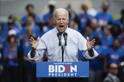  ?? MATT ROURKE — THE ASSOCIATED PRESS ?? Democratic presidenti­al candidate, former Vice President Joe Biden speaks during a campaign rally at Eakins Oval in Philadelph­ia on Saturday.