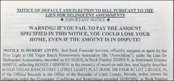  ?? Eli Segall Las Vegas Review-Journal ?? Homeowners associatio­ns have filed default notices in Clark County, including one seen here, after Gov. Steve Sisolak ordered a foreclosur­e moratorium in Nevada.