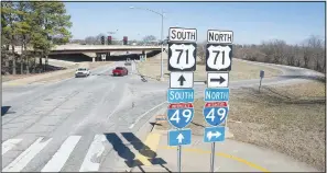  ?? (NWA Democrat-Gazette/J.T. Wampler) ?? The Stephen Carr Memorial Boulevard and Interstate 49 interchang­e in Fayettevil­le is seen Friday. The city has five transporta­tion projects for which it is seeking more than $4 million in federal grant money, including a redesign of the northbound ramp to I-49 from Stephen Carr Memorial Boulevard. Visit nwaonline.com/photo for today’s photo gallery.