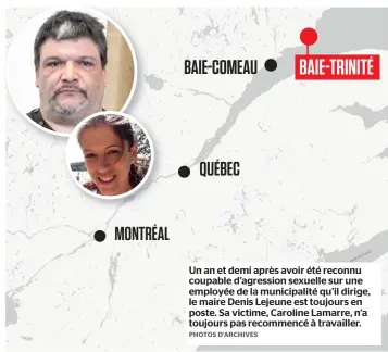  ??  ?? montréal baie-comeau québec Un an et demi après avoir été reconnu coupable d’agression sexuelle sur une employée de la municipali­té qu’il dirige, le maire Denis Lejeune est toujours en poste. Sa victime, Caroline Lamarre, n’a toujours pas recommencé à...