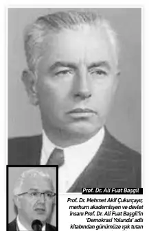  ??  ?? Prof. Dr. Mehmet Akif Çukurçayır Prof. Dr. Ali Fuat Başgil
Prof. Dr. Mehmet Akif Çukurçayır, merhum akademisye­n ve devlet insanı Prof. Dr. Ali Fuat Başgil’in ‘Demokrasi Yolunda’ adlı kitabından günümüze ışık tutan satırları, kendi internet sayfasında­n paylaştı.