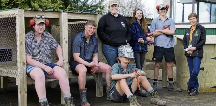  ?? PHOTO: NICK BROOK ?? Learning verve . . . Farm systems students (from left) Zac Egerton, Jack Sloane, Brooke Clark, James Luxton (masked), Sage Mayo and Cam Major take a break at Telford’s technology workshops with academic programme manager Debbie Rankin (right).