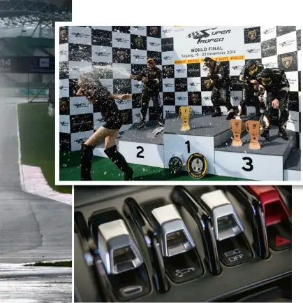  ??  ?? CHAMPAGNE FLIES ON THE WINNERS’ PODIUM AT THE SUPER TROFEO CUP FINALS IN MALAYSIA; SWITCHES IN THE HURACÁN’S COCKPIT